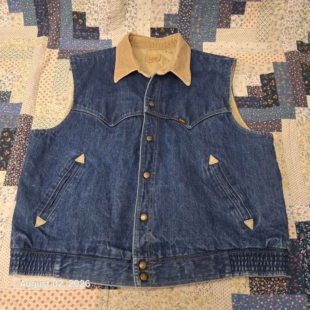 Vintage 80s Lee Mens Denim Vest Size XL Blue USA Quilted Lined Western Cowboy